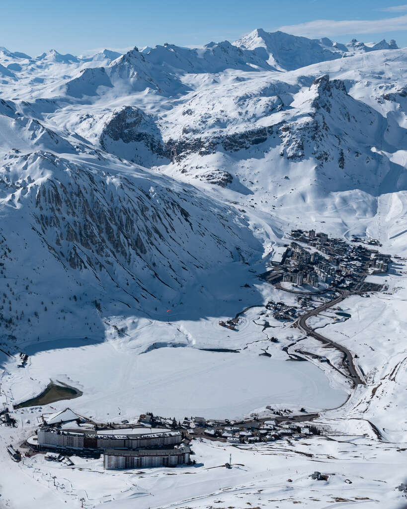 Snow-covered village of Tignes from the air