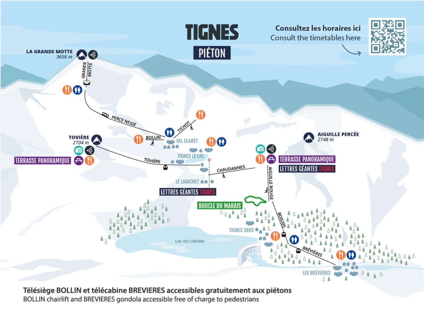 Plan des remontées mécaniques pour les piétons à Tignes