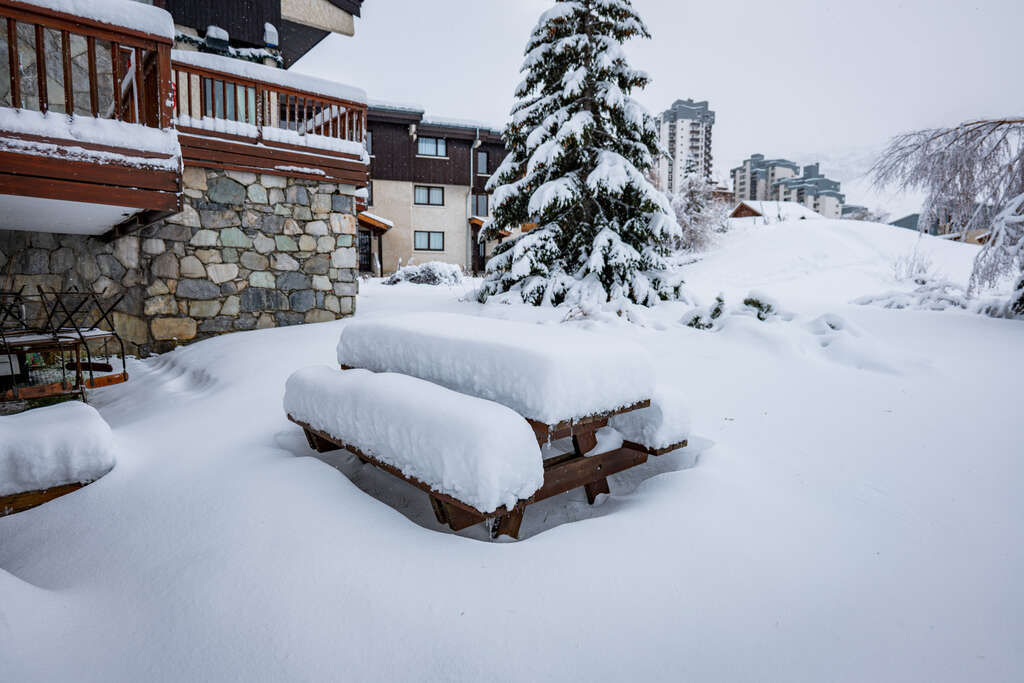 Sapins recouverts de neige fraîche au bord du lac de Tignes